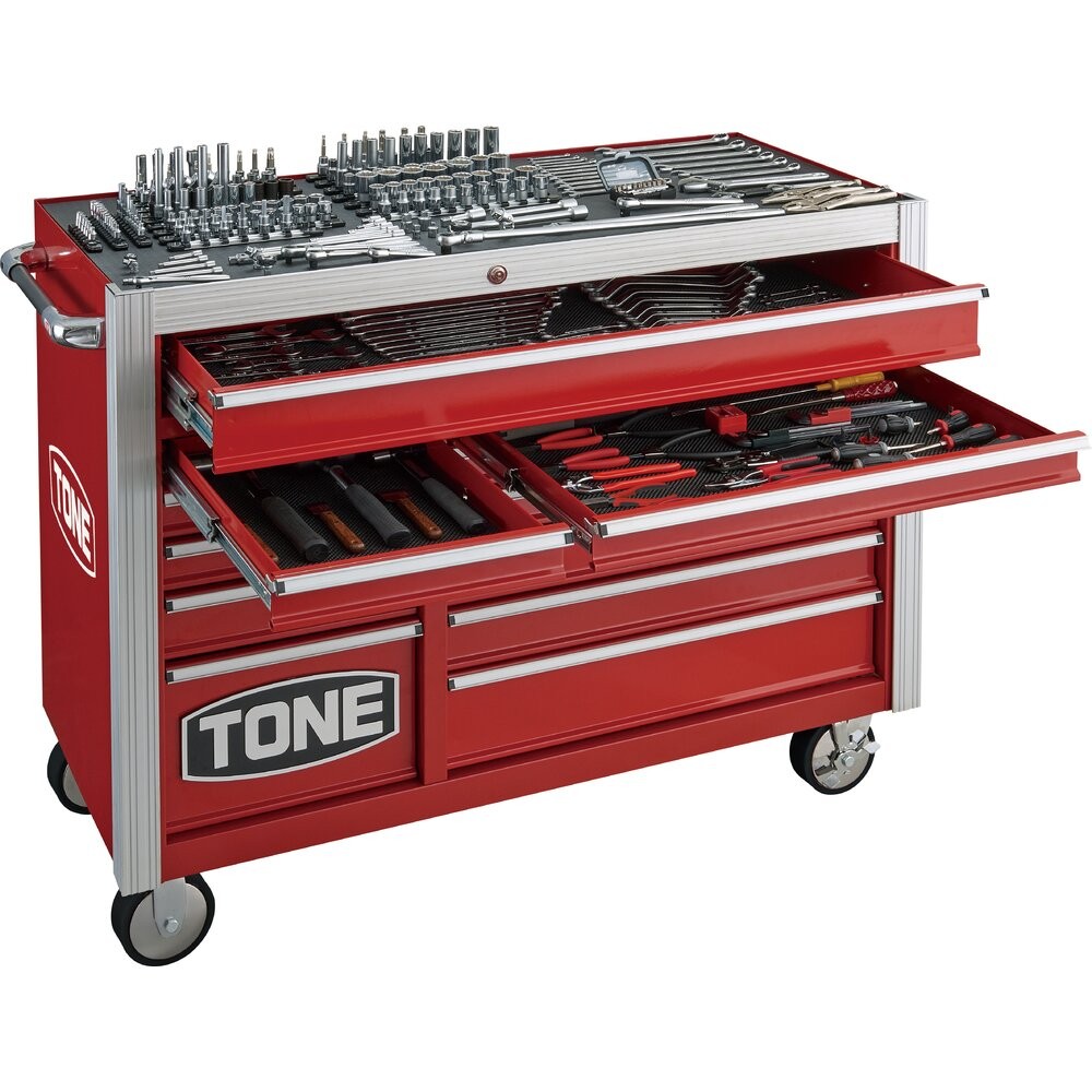 Red tool chest stocked with organized hand tools and shop essentials